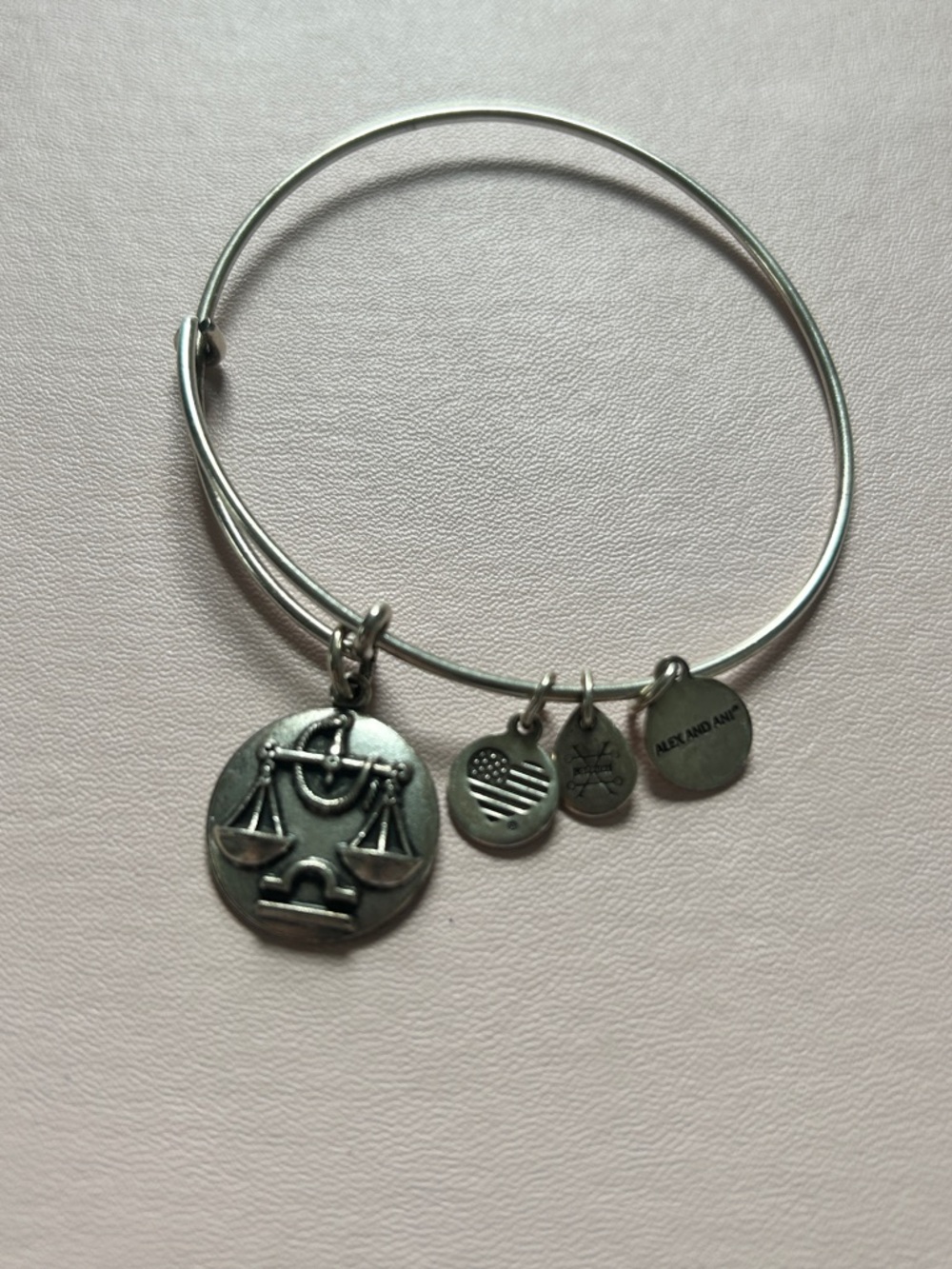Alex and Ani Silver Libra Scales Charm Bangle Bracelet with Logo Discs